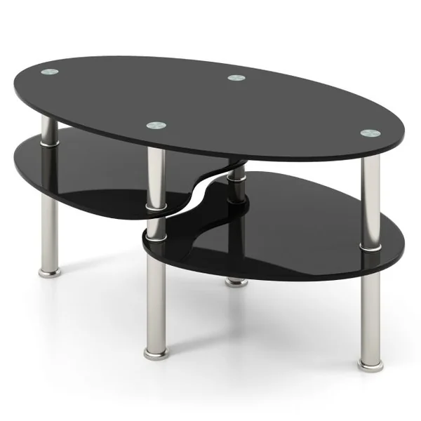 Table Basse Ovale en Verre Trempé Table de Salon Moderne avec 3 Etagères Cadre en Métal 90x50x45cm Noir