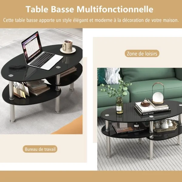 Table Basse Ovale en Verre Trempé Table de Salon Moderne avec 3 Etagères Cadre en Métal 90x50x45cm Noir