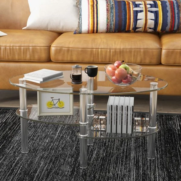 Table Basse Ovale en Verre Trempé Table de Salon Moderne avec 3 Etagères Cadre en Métal 90x50x45cm Transparent