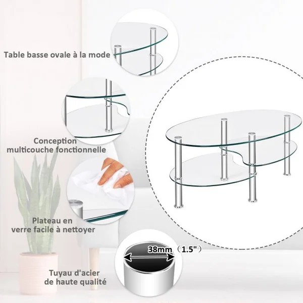 Table Basse Ovale en Verre Trempé Table de Salon Moderne avec 3 Etagères Cadre en Métal 90x50x45cm Transparent