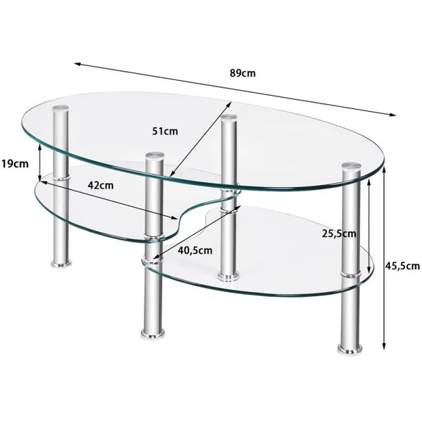 Table Basse Ovale en Verre Trempé Table de Salon Moderne avec 3 Etagères Cadre en Métal 90x50x45cm Transparent