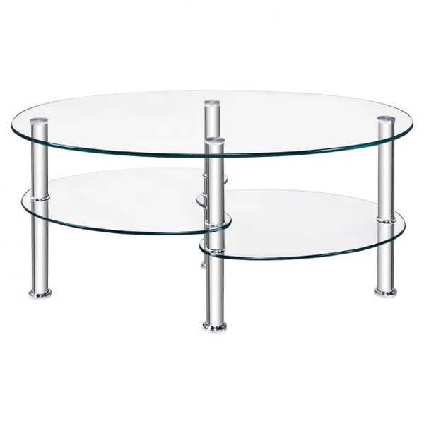 Table Basse Ovale en Verre Trempé Table de Salon Moderne avec 3 Etagères Cadre en Métal 90x50x45cm Transparent
