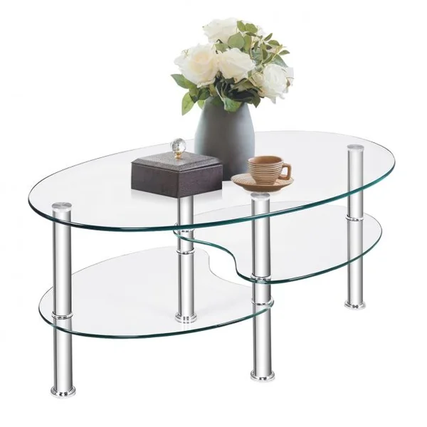 Table Basse Ovale en Verre Trempé Table de Salon Moderne avec 3 Etagères Cadre en Métal 90x50x45cm Transparent
