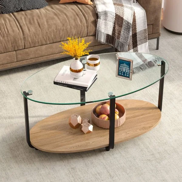 Table Basse Ovale en Verre Trempé à 2 Niveaux Table de Salon Moderne avec Coussinets de Pied Réglables et Cadre en Métal