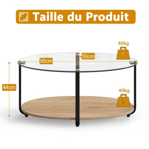 Table Basse Ovale en Verre Trempé à 2 Niveaux Table de Salon Moderne avec Coussinets de Pied Réglables et Cadre en Métal