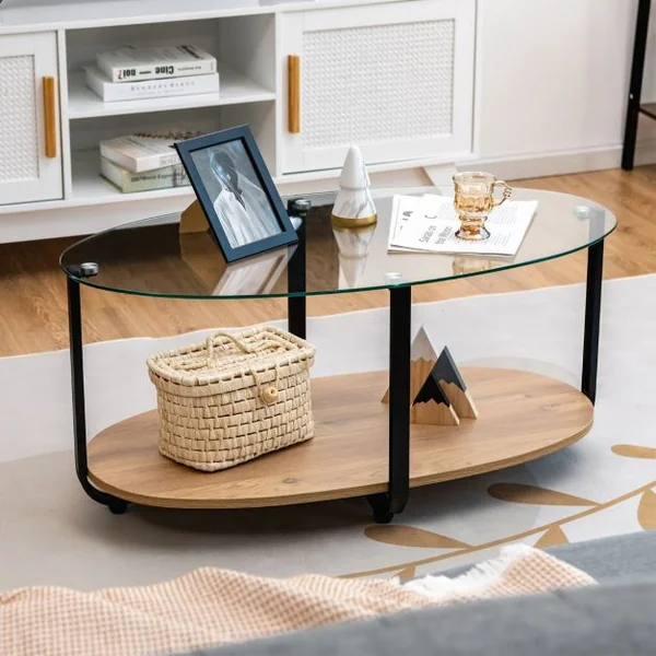Table Basse Ovale en Verre Trempé à 2 Niveaux Table de Salon Moderne avec Coussinets de Pied Réglables et Cadre en Métal