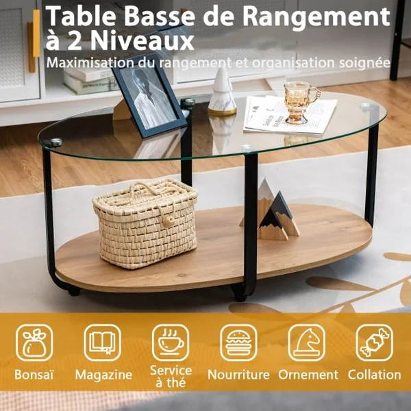 Table Basse Ovale en Verre Trempé à 2 Niveaux Table de Salon Moderne avec Coussinets de Pied Réglables et Cadre en Métal