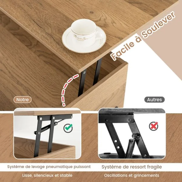 Table Basse Plateau Relevable avec 3 Compartiments et Rangement Caché Table de Salon à Pied en Métal avec Levage Pneumatique Naturel