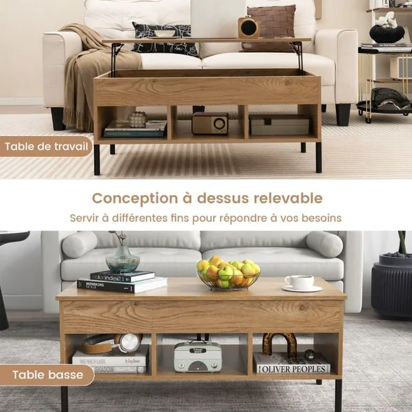 Table Basse Plateau Relevable avec 3 Compartiments et Rangement Caché Table de Salon à Pied en Métal avec Levage Pneumatique Naturel