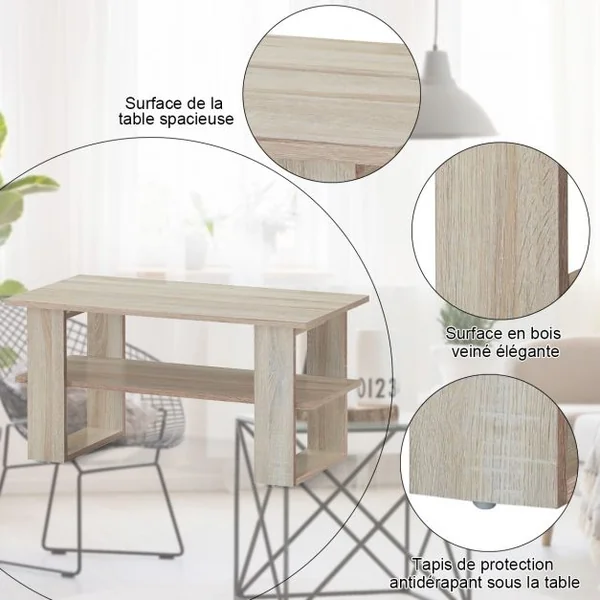 Table Basse Rectangulaire Moderne avec Étagère Capacité Table 15kg Étagère 8kg en Mdf 80x395x40cm Couleur Chêne