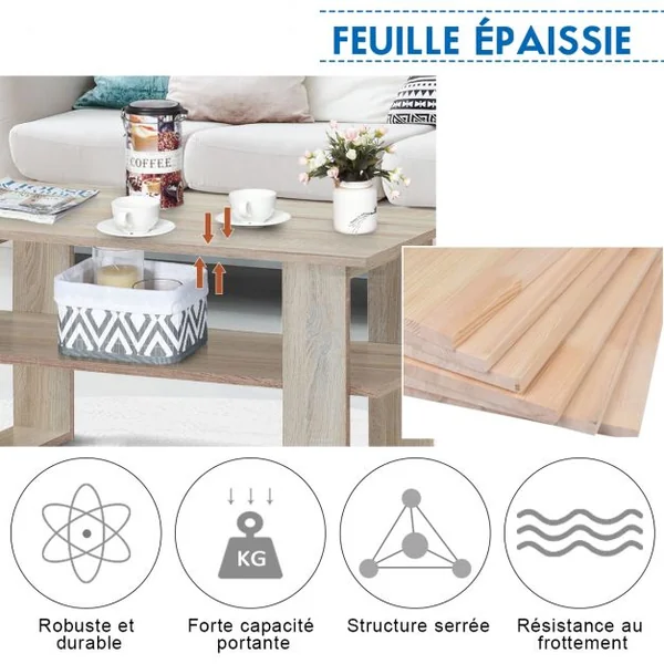 Table Basse Rectangulaire Moderne avec Étagère Capacité Table 15kg Étagère 8kg en Mdf 80x395x40cm Couleur Chêne