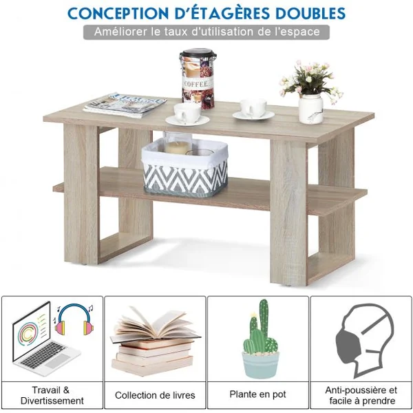 Table Basse Rectangulaire Moderne avec Étagère Capacité Table 15kg Étagère 8kg en Mdf 80x395x40cm Couleur Chêne