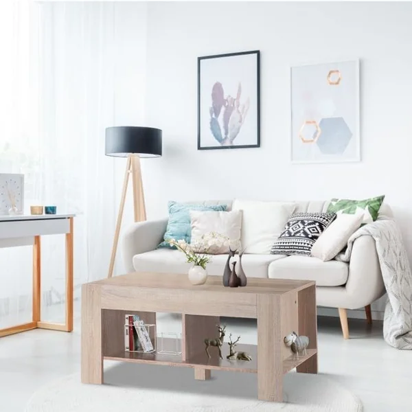 Table Basse Rectangulaire pour Salon avec Étagères Surélevées Style Noderne en MDF 90x39x42cm Couleur Chêne