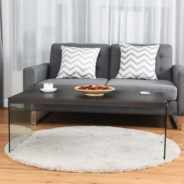 Table Basse Rectangulaire Scandinave Table à Café en Verre Trempé pour Salon en MDF, 110x55x40cm, Gris et Transparent