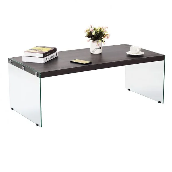 Table Basse Rectangulaire Scandinave Table à Café en Verre Trempé pour Salon en MDF, 110x55x40cm, Gris et Transparent