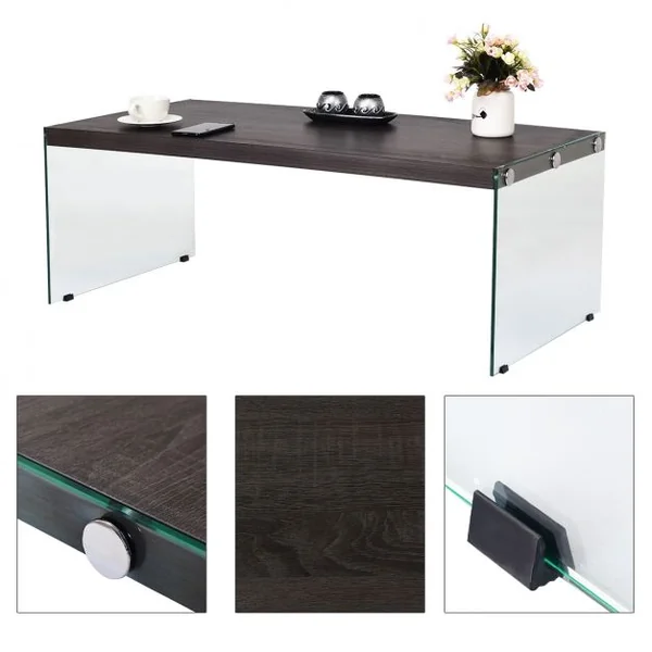 Table Basse Rectangulaire Scandinave Table à Café en Verre Trempé pour Salon en MDF, 110x55x40cm, Gris et Transparent