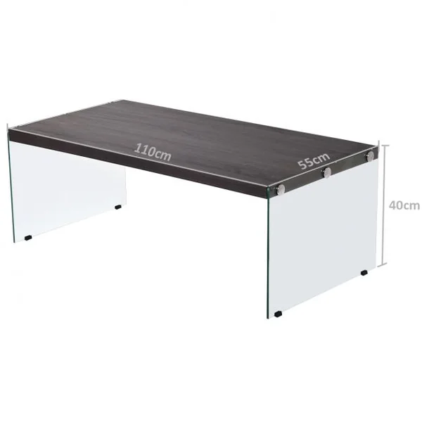 Table Basse Rectangulaire Scandinave Table à Café en Verre Trempé pour Salon en MDF, 110x55x40cm, Gris et Transparent