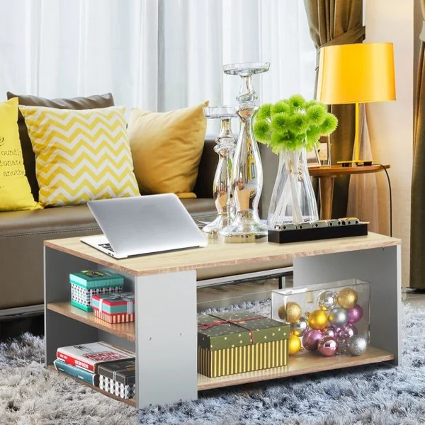 Table Basse Rectangulaire Table Basse avec Grand Espace de Rangement en Mdf 90x59x40cm Naturel
