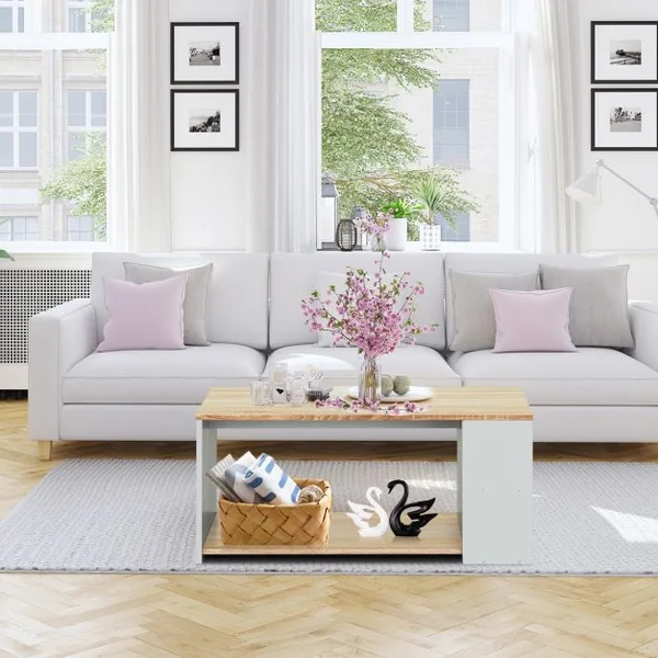 Table Basse Rectangulaire Table Basse avec Grand Espace de Rangement en Mdf 90x59x40cm Naturel