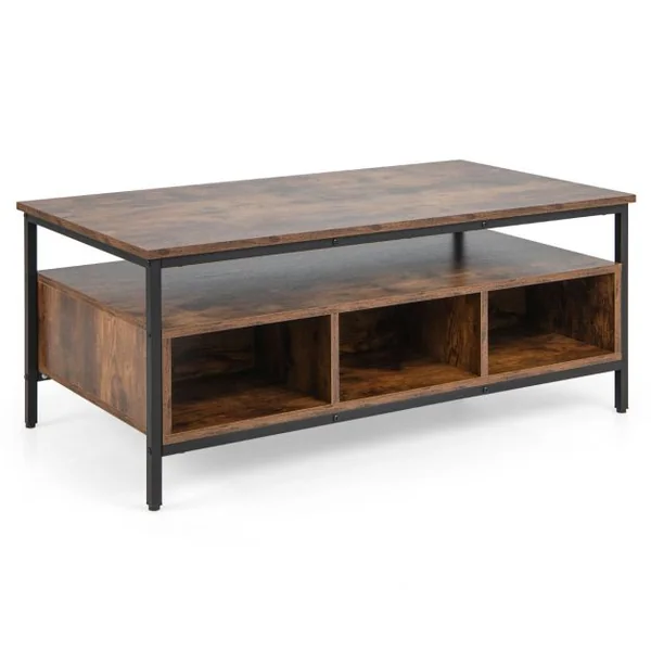 Table Basse Rectangulaire à 3 Niveaux Table de Cocktail de Style Industriel avec Cadre Métallique Résistant Table de Thé Marron Rustique