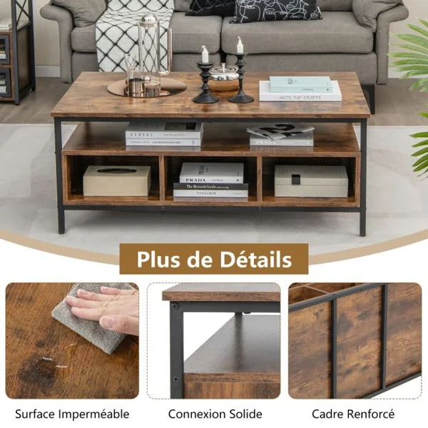 Table Basse Rectangulaire à 3 Niveaux Table de Cocktail de Style Industriel avec Cadre Métallique Résistant Table de Thé Marron Rustique