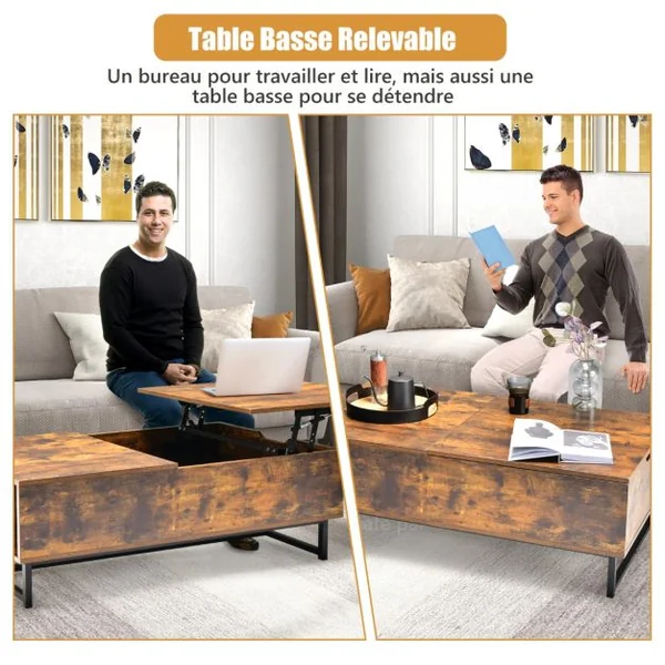 Table Basse Relevable avec 1 Compartiment Latéral Table Basse Transformable Cadre en Métal Levage Hydraulique pour Salon Bureau Chambre 110 x 60 x 38 cm Café