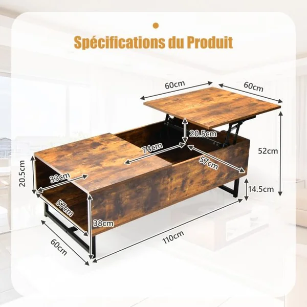 Table Basse Relevable avec 1 Compartiment Latéral Table Basse Transformable Cadre en Métal Levage Hydraulique pour Salon Bureau Chambre 110 x 60 x 38 cm Café