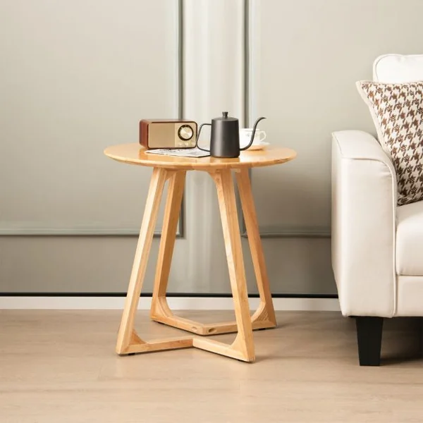 Table Basse Ronde de 60 CM, Table d’Appoint en Bois avec 2 Pieds en Forme de V et 4 Patins Réglables pour Salon et Chambre