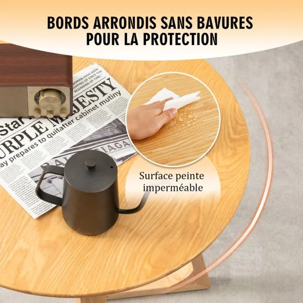 Table Basse Ronde de 60 CM, Table d’Appoint en Bois avec 2 Pieds en Forme de V et 4 Patins Réglables pour Salon et Chambre