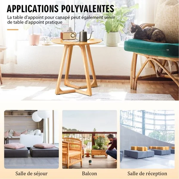 Table Basse Ronde de 60 CM, Table d’Appoint en Bois avec 2 Pieds en Forme de V et 4 Patins Réglables pour Salon et Chambre