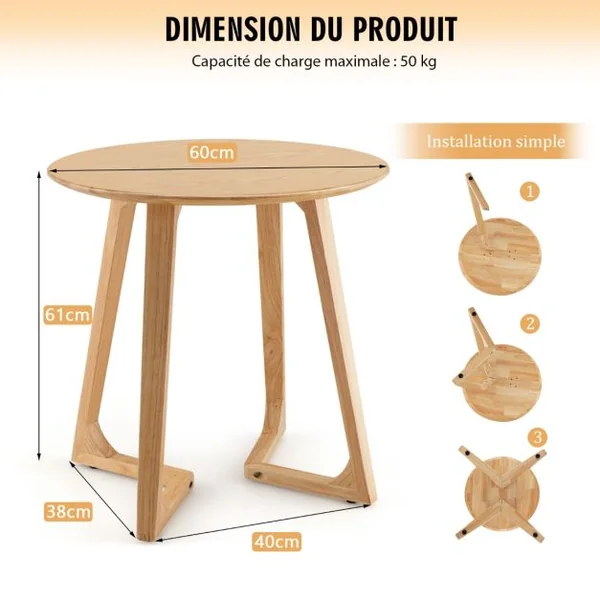 Table Basse Ronde de 60 CM, Table d’Appoint en Bois avec 2 Pieds en Forme de V et 4 Patins Réglables pour Salon et Chambre