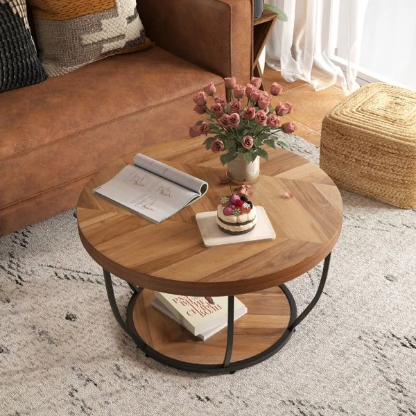 Table Basse Ronde de 80 cm a 2 Niveaux Table de Cocktail avec Cadre en Métal Robuste Table d'Appoint avec Plateau en Faux Bois Naturel/Café/Blanc