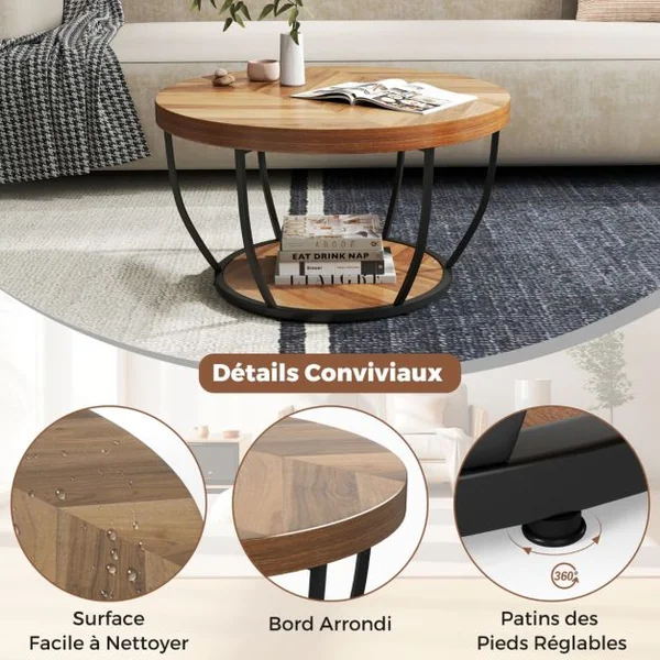 Table Basse Ronde de 80 cm a 2 Niveaux Table de Cocktail avec Cadre en Métal Robuste Table d'Appoint avec Plateau en Faux Bois Naturel/Café/Blanc