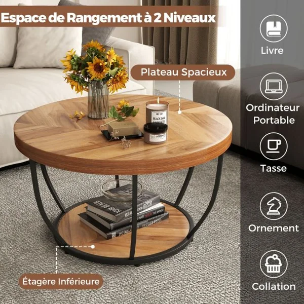 Table Basse Ronde de 80 cm a 2 Niveaux Table de Cocktail avec Cadre en Métal Robuste Table d'Appoint avec Plateau en Faux Bois Naturel/Café/Blanc