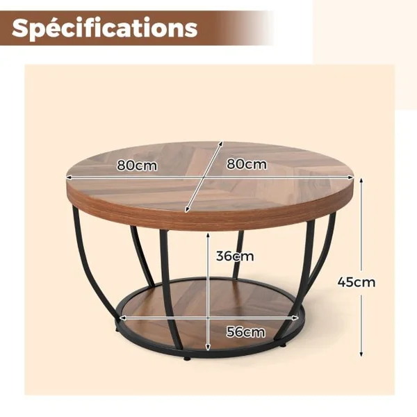 Table Basse Ronde de 80 cm a 2 Niveaux Table de Cocktail avec Cadre en Métal Robuste Table d'Appoint avec Plateau en Faux Bois Naturel/Café/Blanc