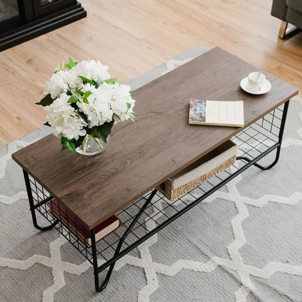 Table Basse Table d’Appoint de Salon avec Étagère Inférieure en Maille Métallique en MDF Métal, 105x50x41,5cm, Naturel