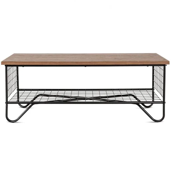 Table Basse Table d’Appoint de Salon avec Étagère Inférieure en Maille Métallique en MDF Métal, 105x50x41,5cm, Naturel
