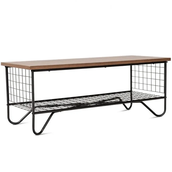 Table Basse Table d’Appoint de Salon avec Étagère Inférieure en Maille Métallique en MDF Métal, 105x50x41,5cm, Naturel