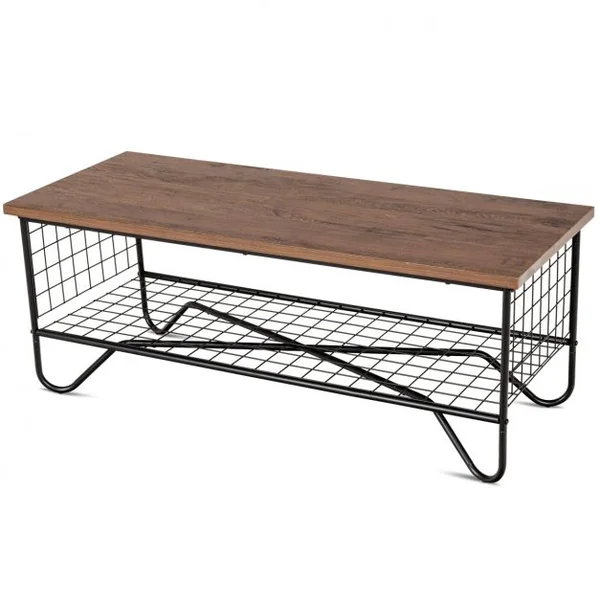 Table Basse Table d’Appoint de Salon avec Étagère Inférieure en Maille Métallique en MDF Métal, 105x50x41,5cm, Naturel