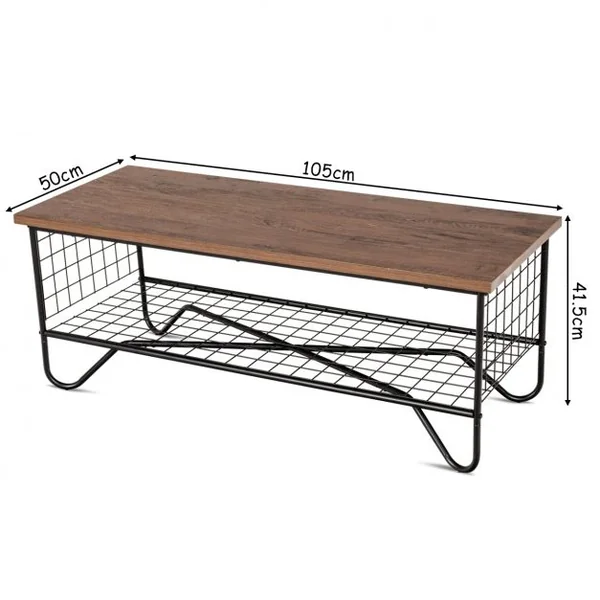 Table Basse Table d’Appoint de Salon avec Étagère Inférieure en Maille Métallique en MDF Métal, 105x50x41,5cm, Naturel