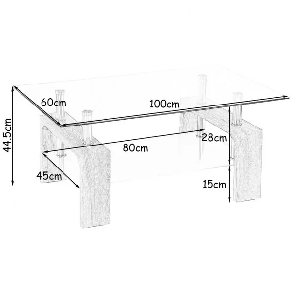 Table Basse Table d’Appoint de salon avec Étagère Inférieure en MDF Verre Trempé Acier Inoxydable, 100x60x45cm, Naturel