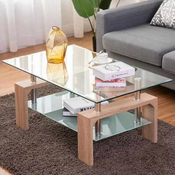 Table Basse Table d’Appoint de salon avec Étagère Inférieure en MDF Verre Trempé Acier Inoxydable, 100x60x45cm, Naturel