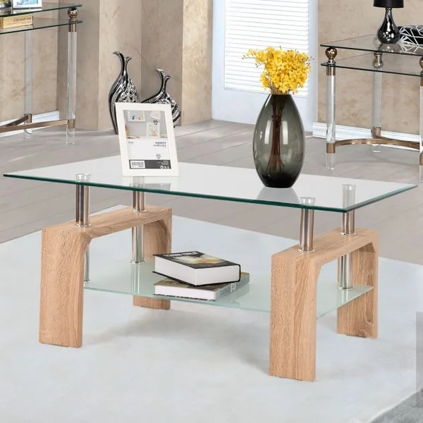 Table Basse Table d’Appoint de salon avec Étagère Inférieure en MDF Verre Trempé Acier Inoxydable, 100x60x45cm, Naturel