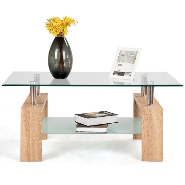 Table Basse Table d’Appoint de salon avec Étagère Inférieure en MDF Verre Trempé Acier Inoxydable, 100x60x45cm, Naturel