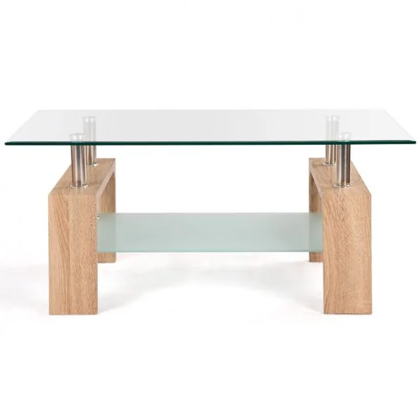 Table Basse Table d’Appoint de salon avec Étagère Inférieure en MDF Verre Trempé Acier Inoxydable, 100x60x45cm, Naturel