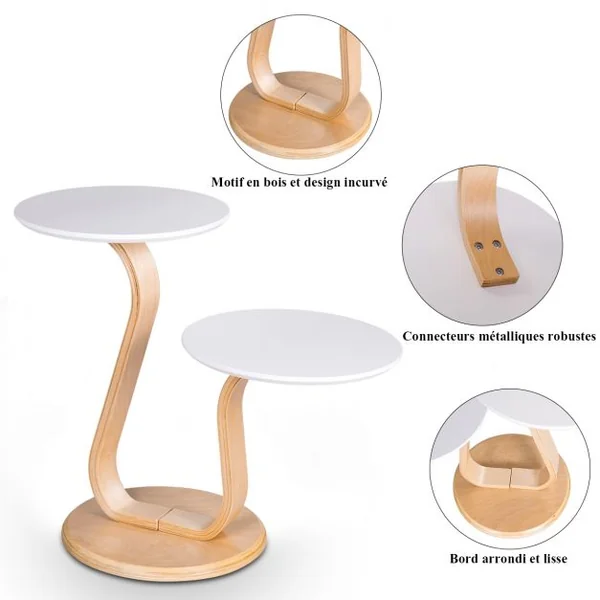 Table Basse Table d’Appoint à 2 Plateaux Ronds et 2 Hauteurs Capacité 10kg en Bouleau & Mdf 66x35x55cm Naturel+Blanc