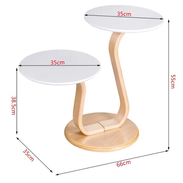 Table Basse Table d’Appoint à 2 Plateaux Ronds et 2 Hauteurs Capacité 10kg en Bouleau & Mdf 66x35x55cm Naturel+Blanc