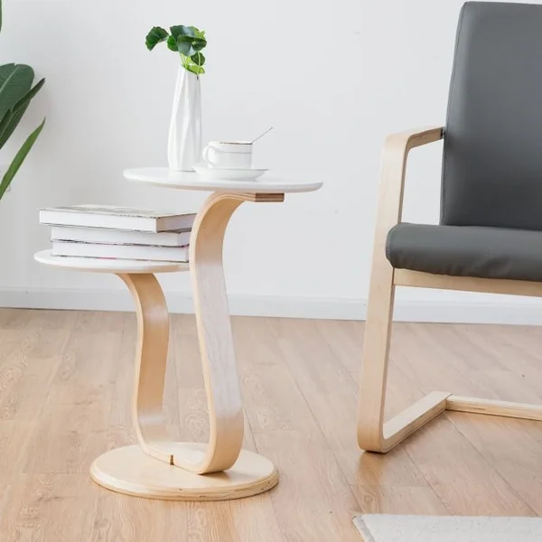 Table Basse Table d’Appoint à 2 Plateaux Ronds et 2 Hauteurs Capacité 10kg en Bouleau & Mdf 66x35x55cm Naturel+Blanc