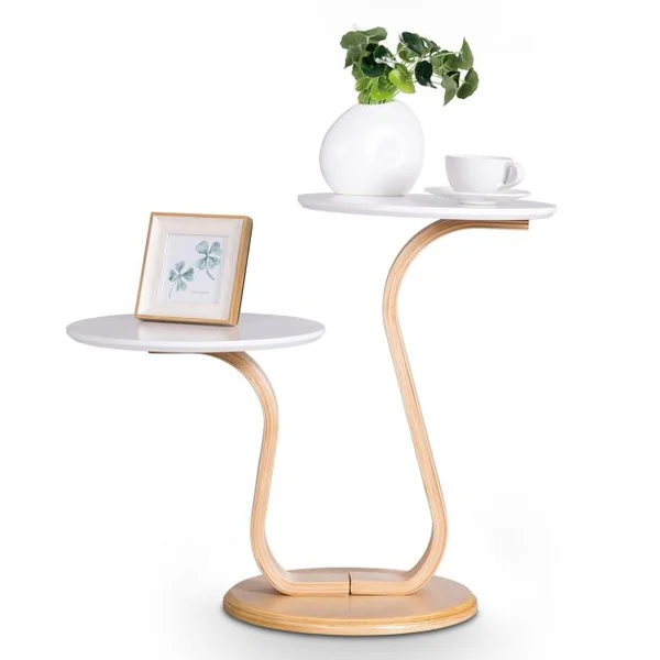 Table Basse Table d’Appoint à 2 Plateaux Ronds et 2 Hauteurs Capacité 10kg en Bouleau & Mdf 66x35x55cm Naturel+Blanc