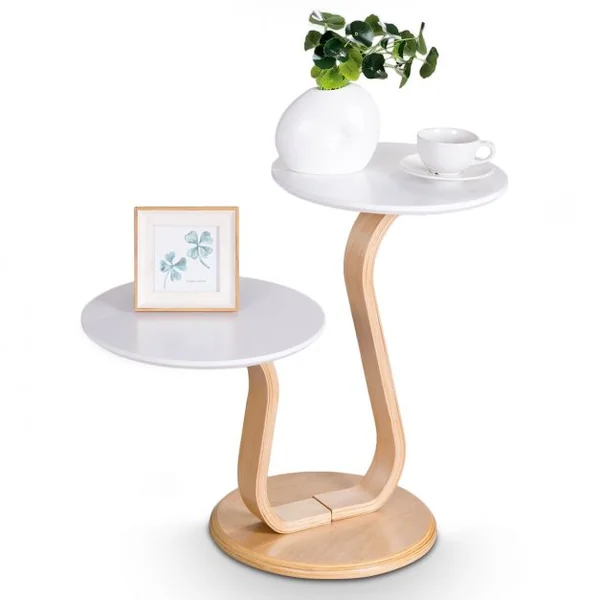 Table Basse Table d’Appoint à 2 Plateaux Ronds et 2 Hauteurs Capacité 10kg en Bouleau & Mdf 66x35x55cm Naturel+Blanc